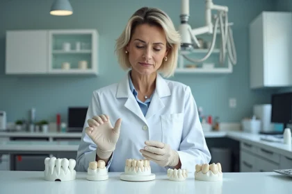 Technicienne dentaire examinant des couronnes en c&eacute;ramique