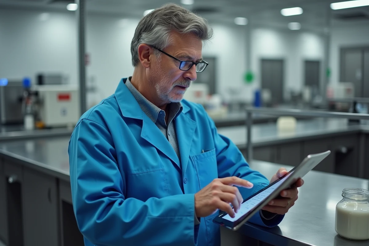 Technicien en laboratoire laitier avec tablette et équipements