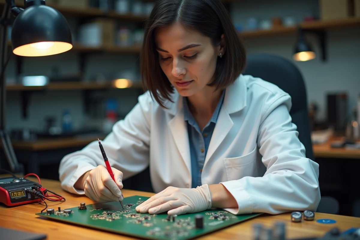 Technicienne en électronique utilisant un multimètre pour mesurer la tension sur une carte de circuit imprimé