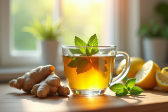 Tasse de thé maison au gingembre et menthe sur un plan de travail lumineux