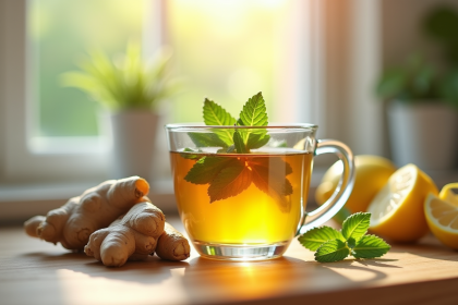 Tasse de thé maison au gingembre et menthe sur un plan de travail lumineux