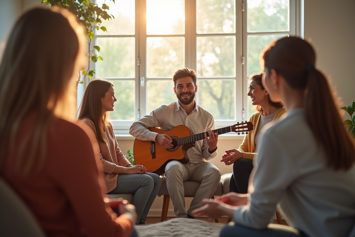 Thérapeute musical avec groupe d'adultes dans une salle lumineuse