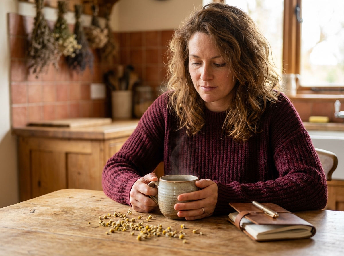 Femme tenant une tasse de tisane à la table de cuisine comme rituel apaisant contre l'anxiété et le stress quotidien