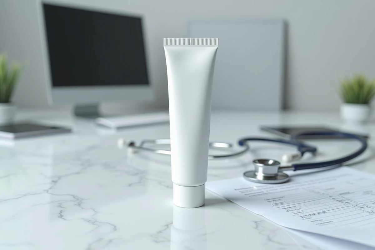 Tube de gel Ialuset à l'acide hyaluronique posé sur marbre blanc avec ordonnance médicale et stéthoscope pour remboursement