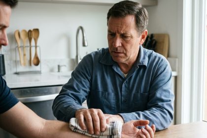 Homme en bleu appliquant une pression sur le bras