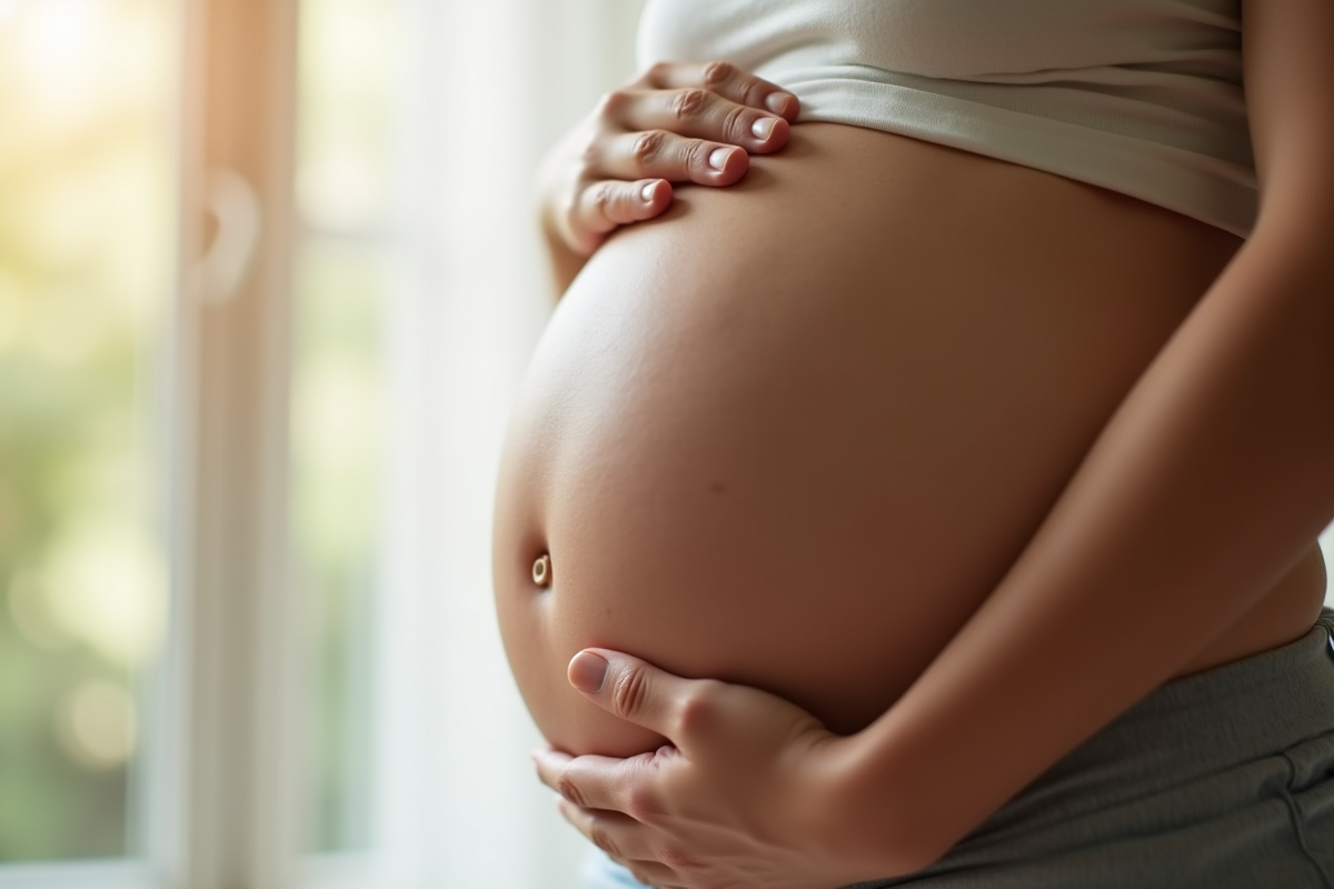 Ventre de femme enceinte caressé en lumière naturelle