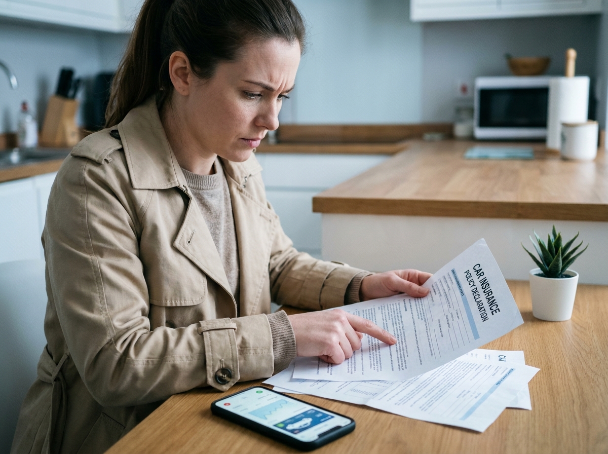 Une jeune femme examine attentivement son contrat d'assurance auto à la maison après avoir prêté sa voiture à un proche, soulignant l'importance de vérifier sa couverture
