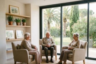 Résidents âgés en conversation dans la salle commune lumineuse de la Villa de Rimiez, maison de retraite médicalisée LNA Santé à Nice, avec vue sur le jardin méditerranéen