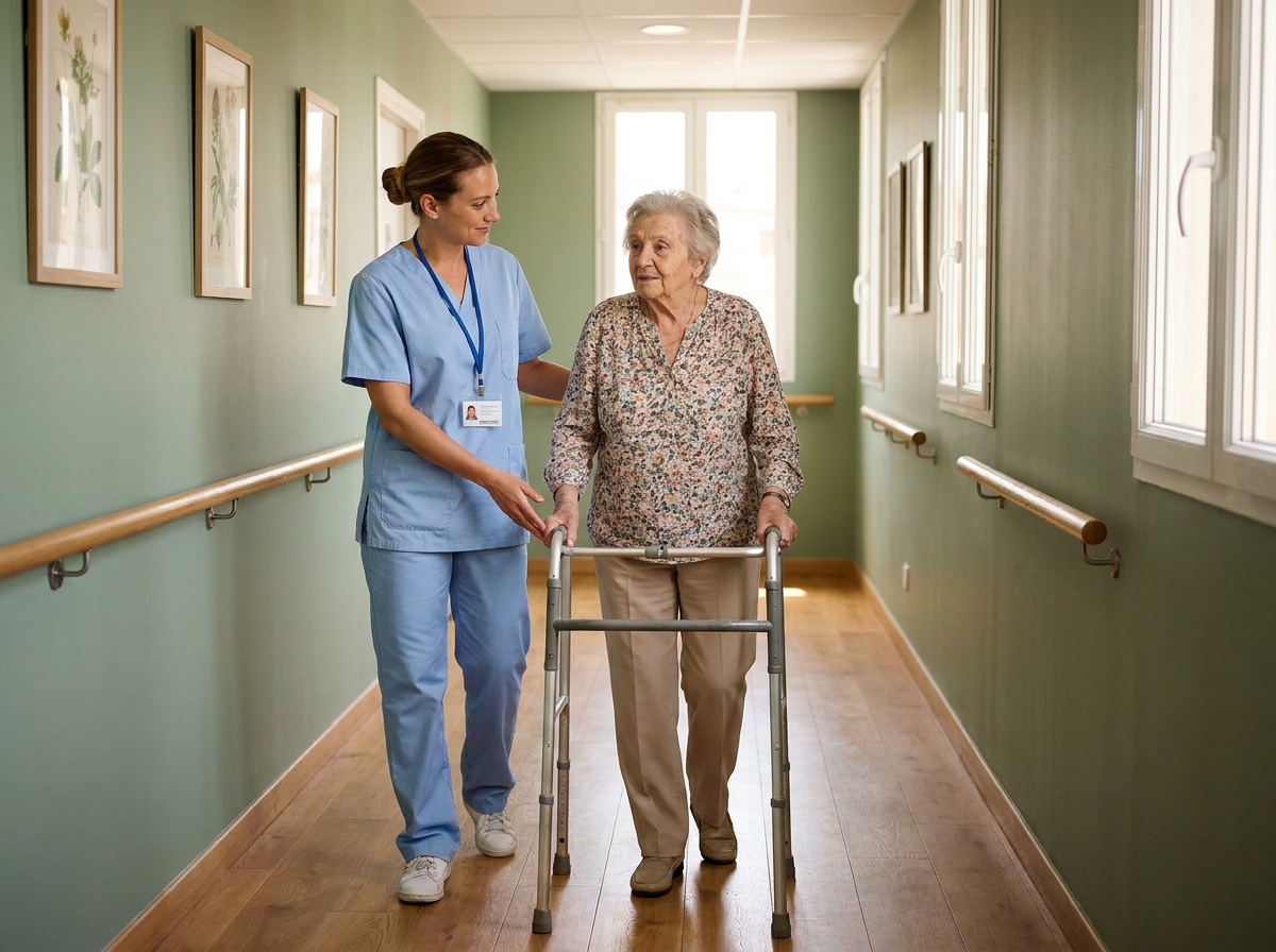 Soignante accompagnant une résidente âgée dans le couloir de la Villa de Rimiez, établissement d'hébergement pour personnes âgées dépendantes LNA Santé à Nice