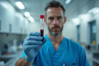 Médecin tenant un tube de prélèvement sanguin en laboratoire hospitalier pour illustrer le volume de sang dans le corps humain