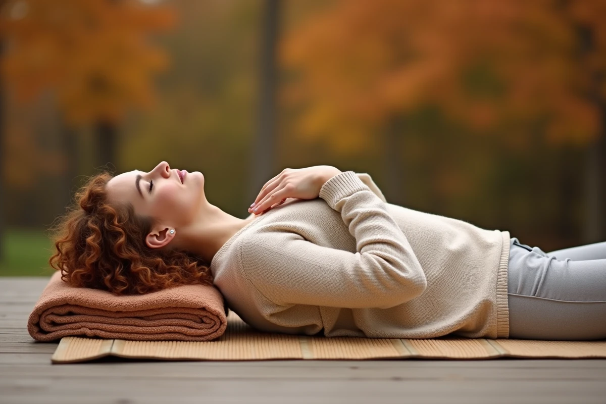 Femme en posture de yoga sur terrasse en bois pour travailler l'ouverture du chakra gorge selon les approches holistiques
